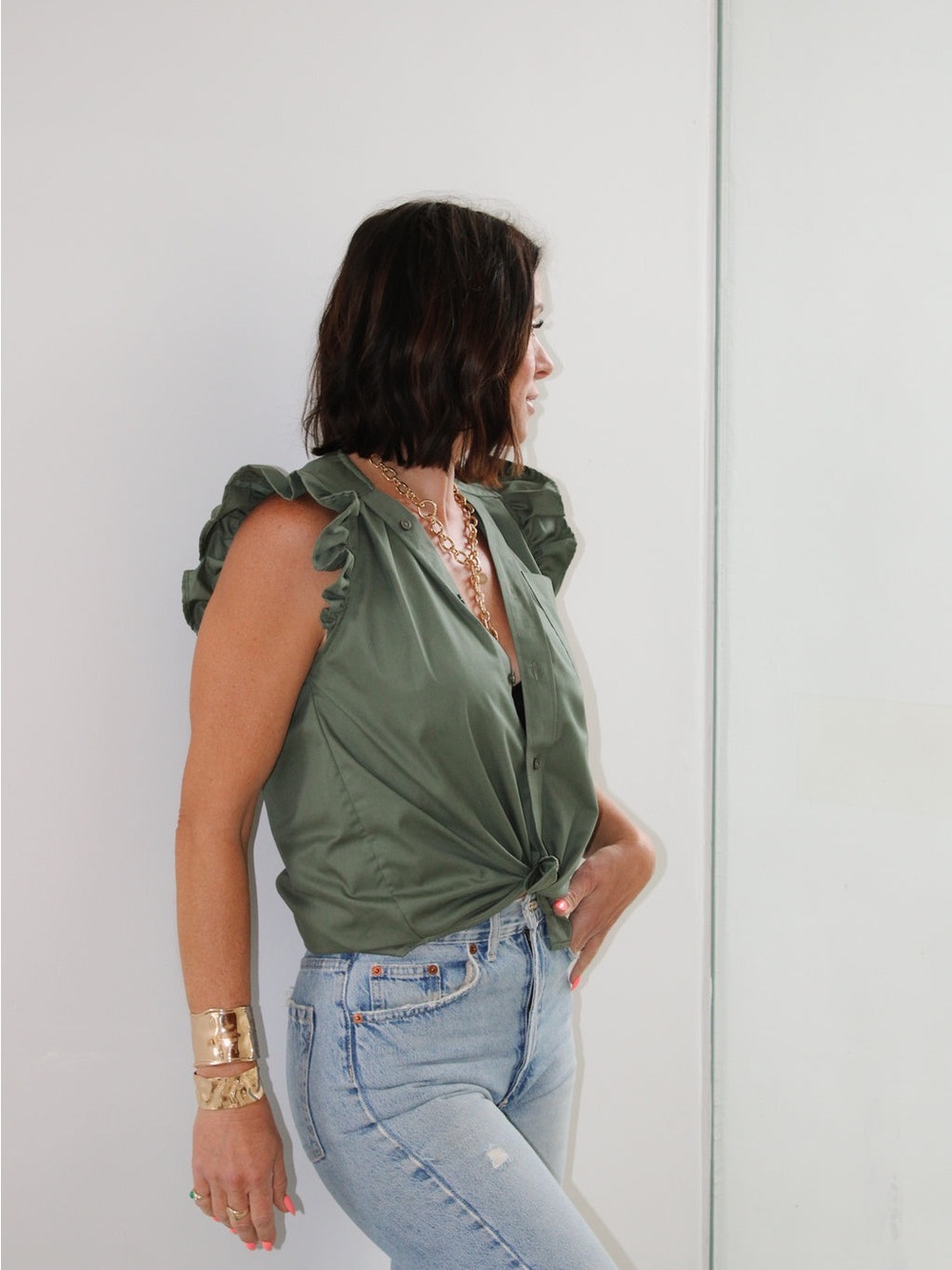 KMJ Ruffled Sleeve Button-Front Top - Green - Picture 12 of 14